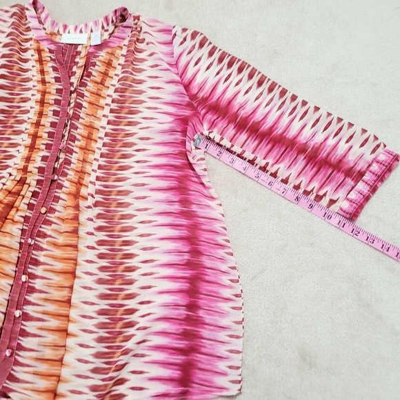 Chico’s Size 2 (L) Button Front Blouse Pink Orange Abstract Ikat Print 3/4 Sleev - Picture 5 of 10
